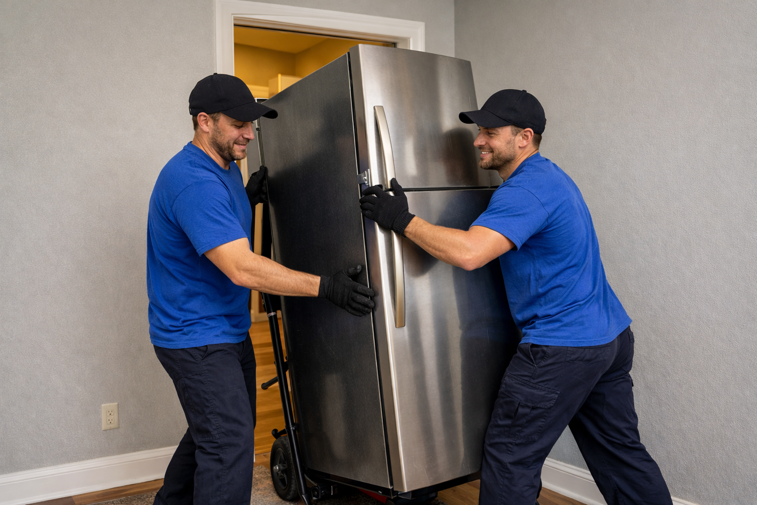 Junk removal crew carefully removing refrigerator from residential property in Indianapolis
