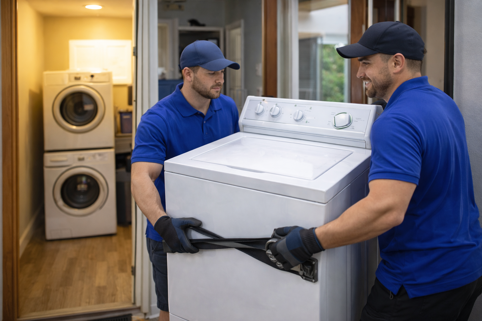 Junk removal crew carefully removing washing machine from Indianapolis home Junk removal crew carefully removing washing machine from Indianapolis home