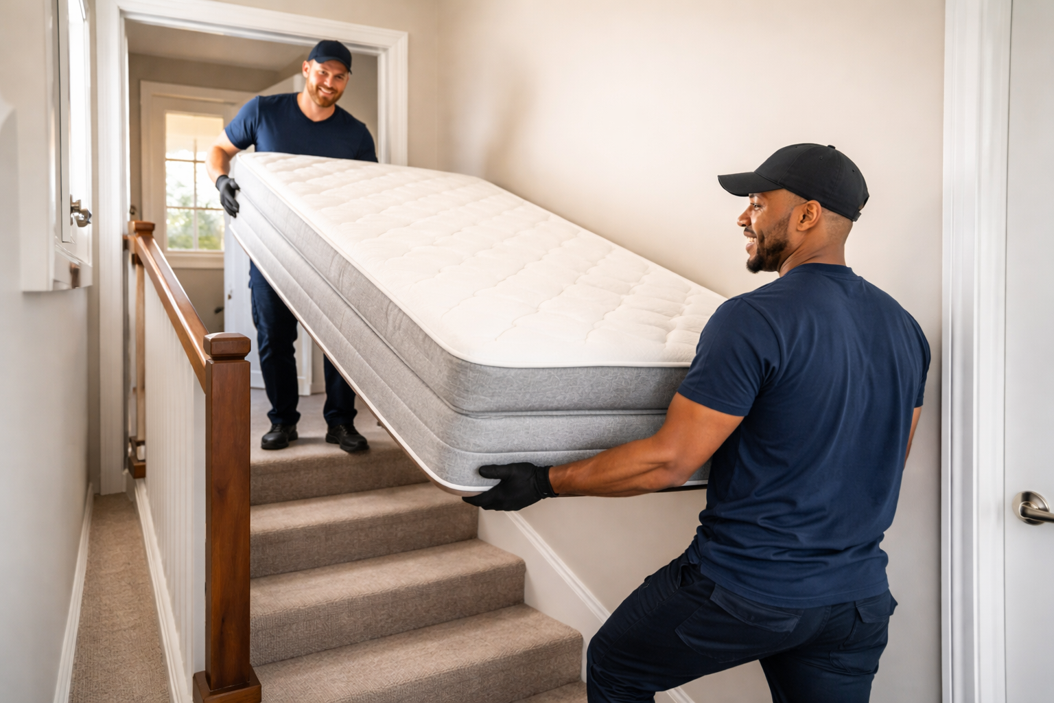 Junk removal crew removing mattress from upstairs home in Indianapolis