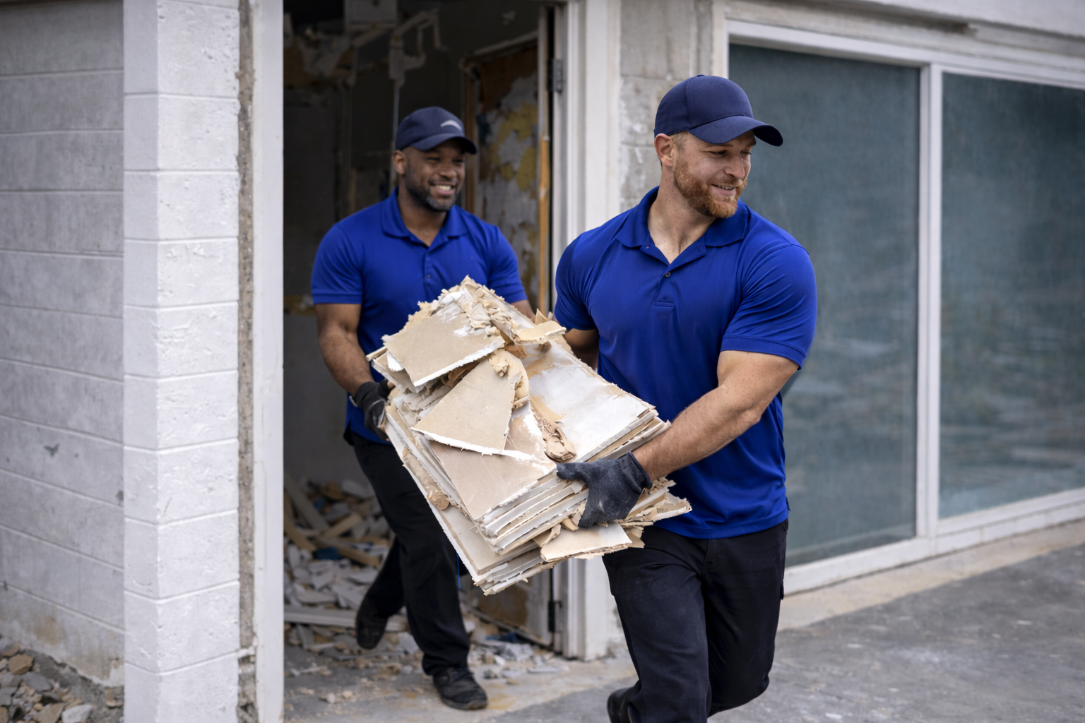 Junk removal crew carrying construction debris during cleanup service in Indianapolis Junk removal crew carrying construction debris during cleanup service in Indianapolis