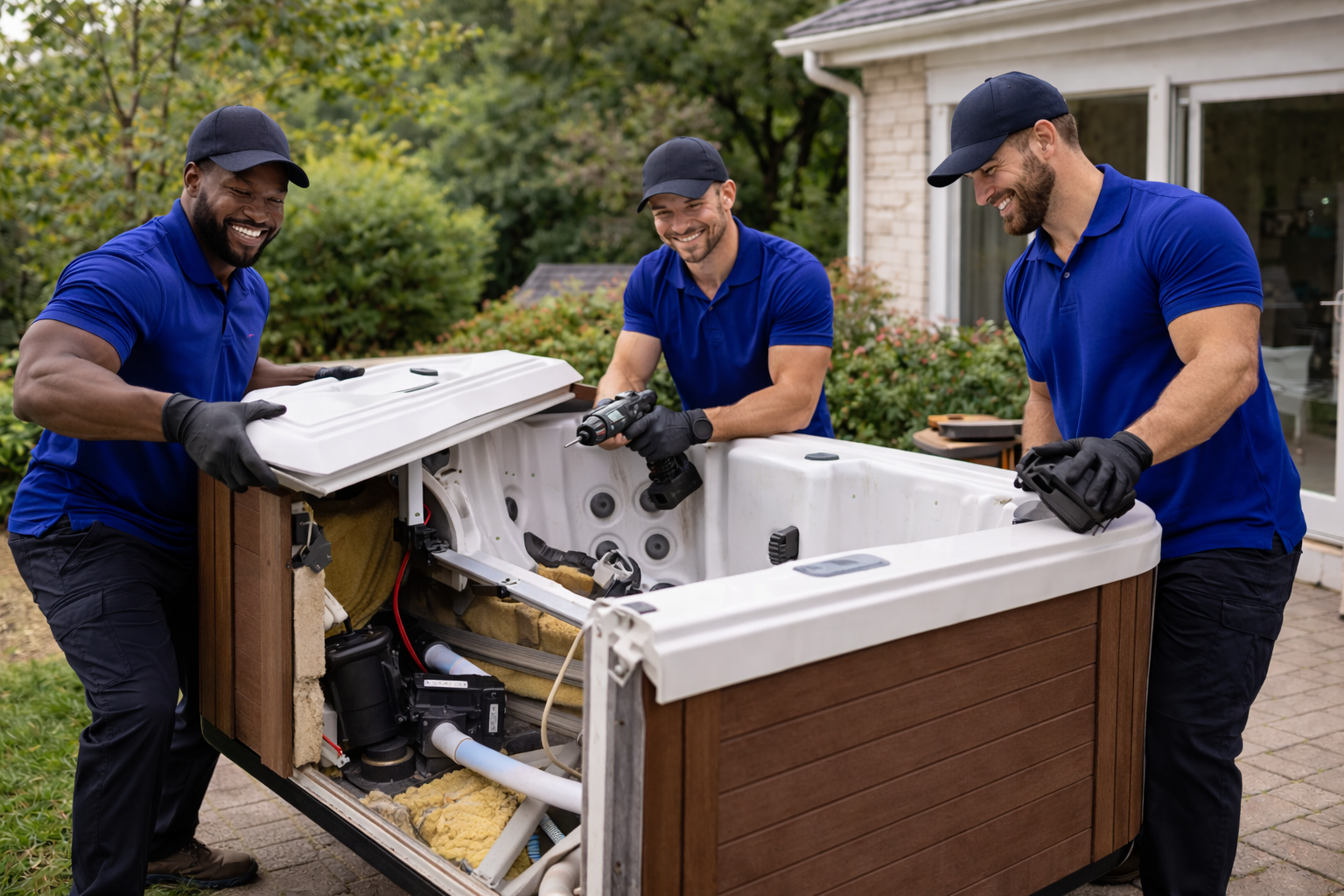Professional hot tub removal service loading spa debris into truck in Indianapolis