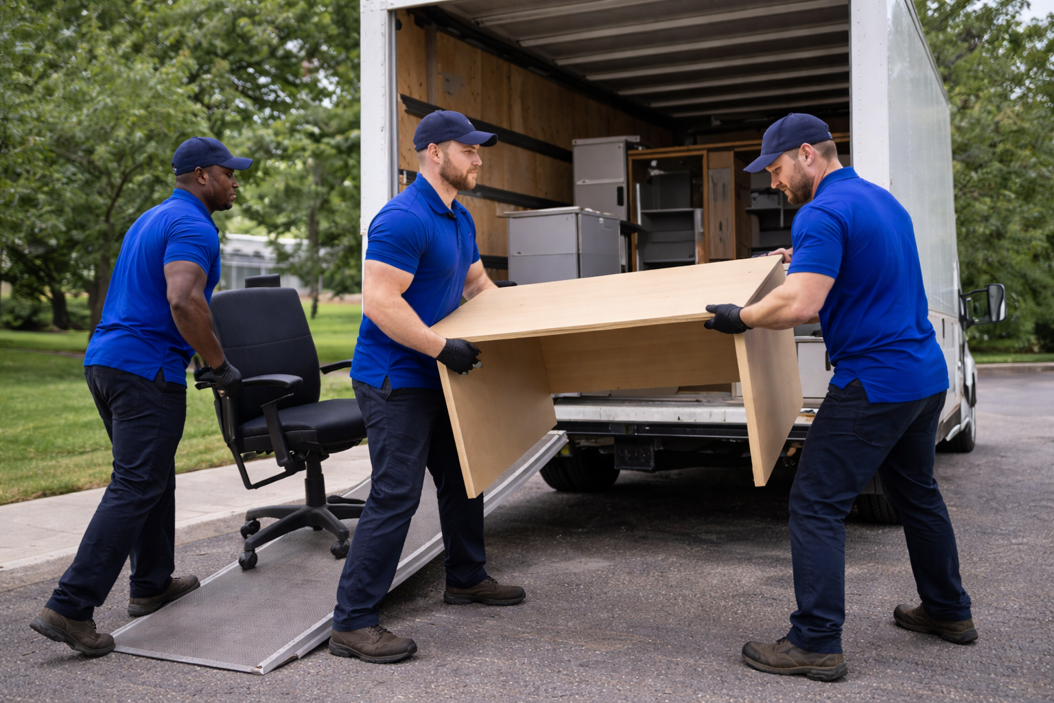 Junk removal team loading office furniture into truck during commercial cleanout in Indianapolis Junk removal team loading office furniture into truck during commercial cleanout in Indianapolis
