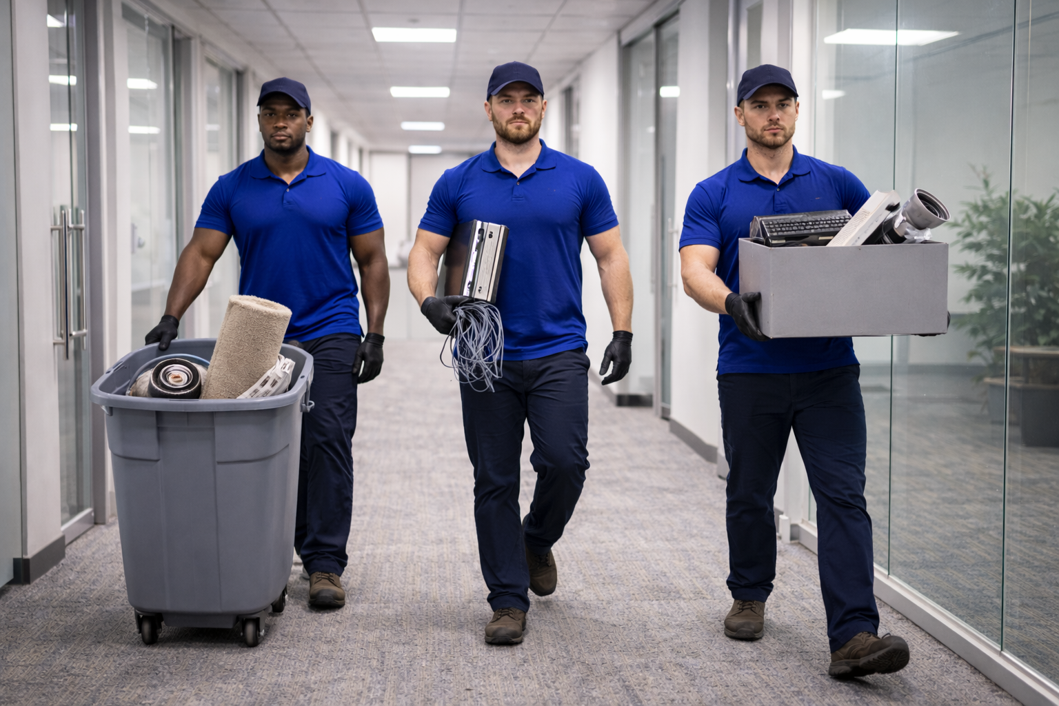 ClearWay Service Group crew removing office equipment from commercial building in Indianapolis ClearWay Service Group crew removing office equipment from commercial building in Indianapolis