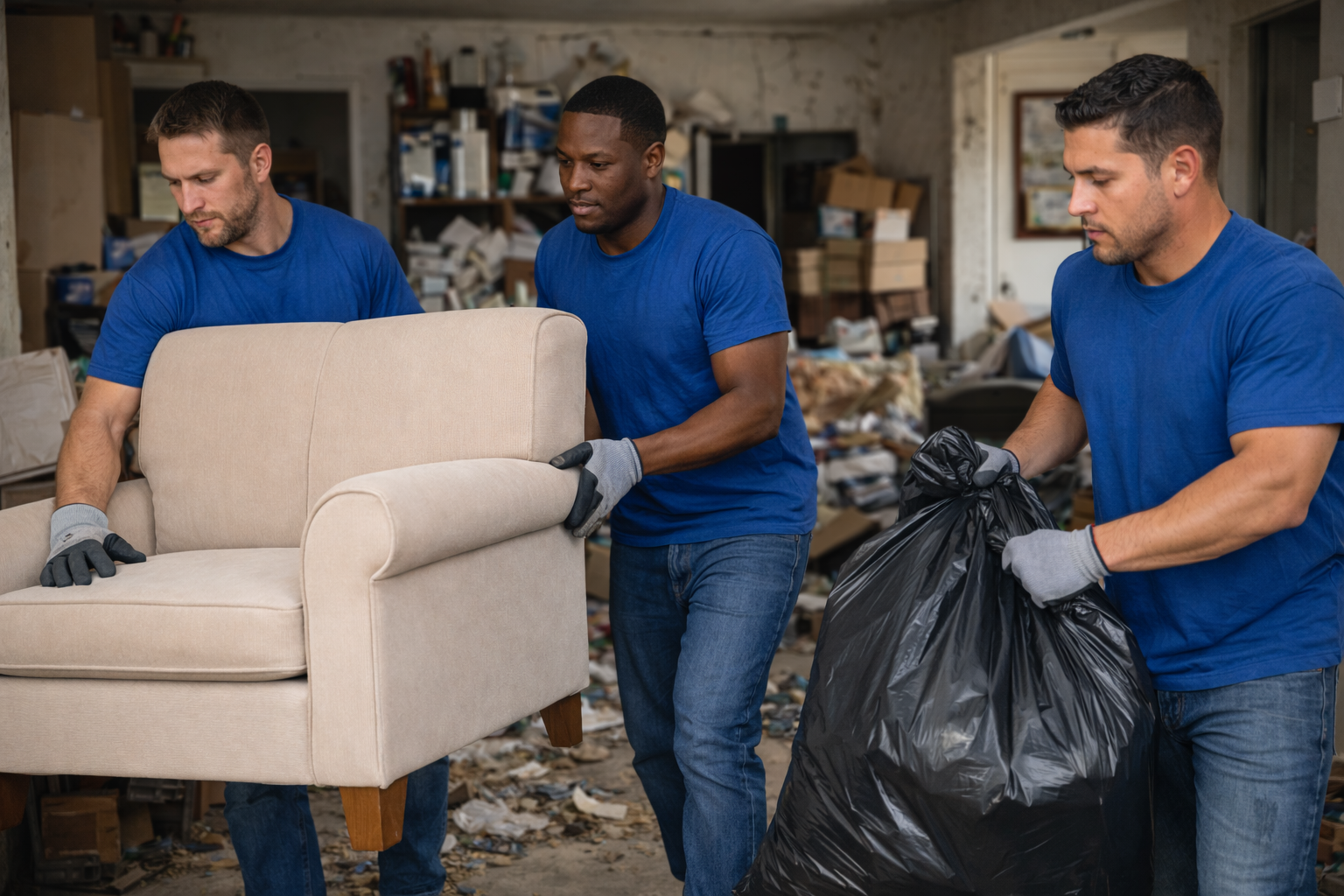 Junk removal crew removing furniture and bagged debris during hoarder cleanout in Indianapolis