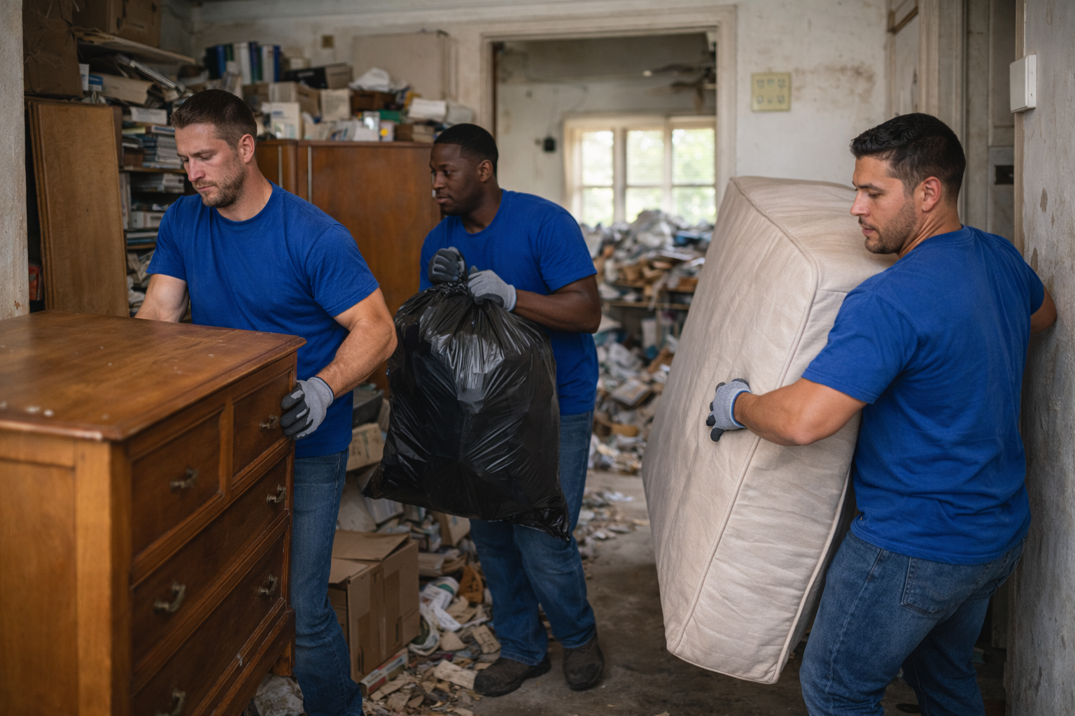 Professional hoarder cleanout team removing furniture and debris from cluttered home in Indianapolis