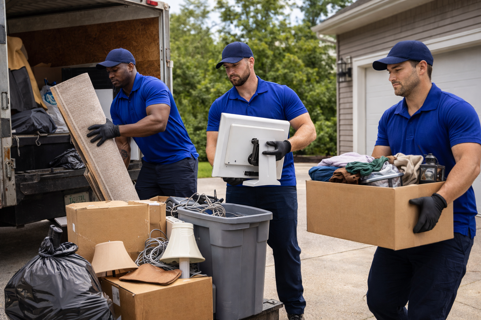 Junk removal crew loading boxes and debris into truck during pickup service in Indianapolis Junk removal crew loading boxes and debris into truck during pickup service in Indianapolis