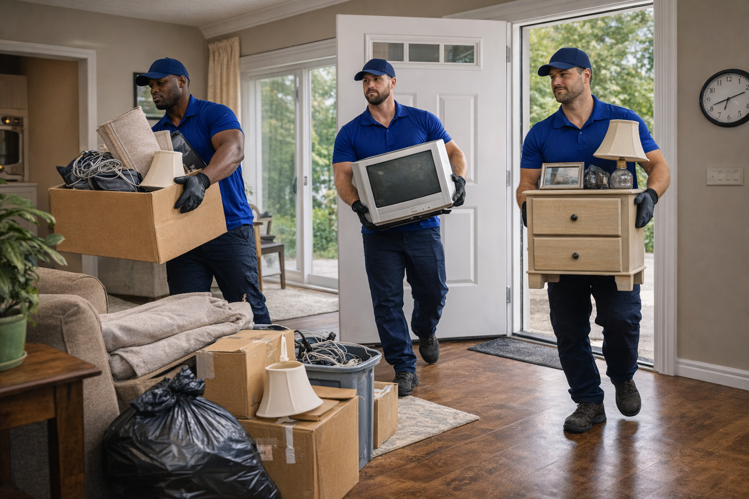 Professional junk pickup team removing household items from residential property in Indianapolis Professional junk pickup team removing household items from residential property in Indianapolis