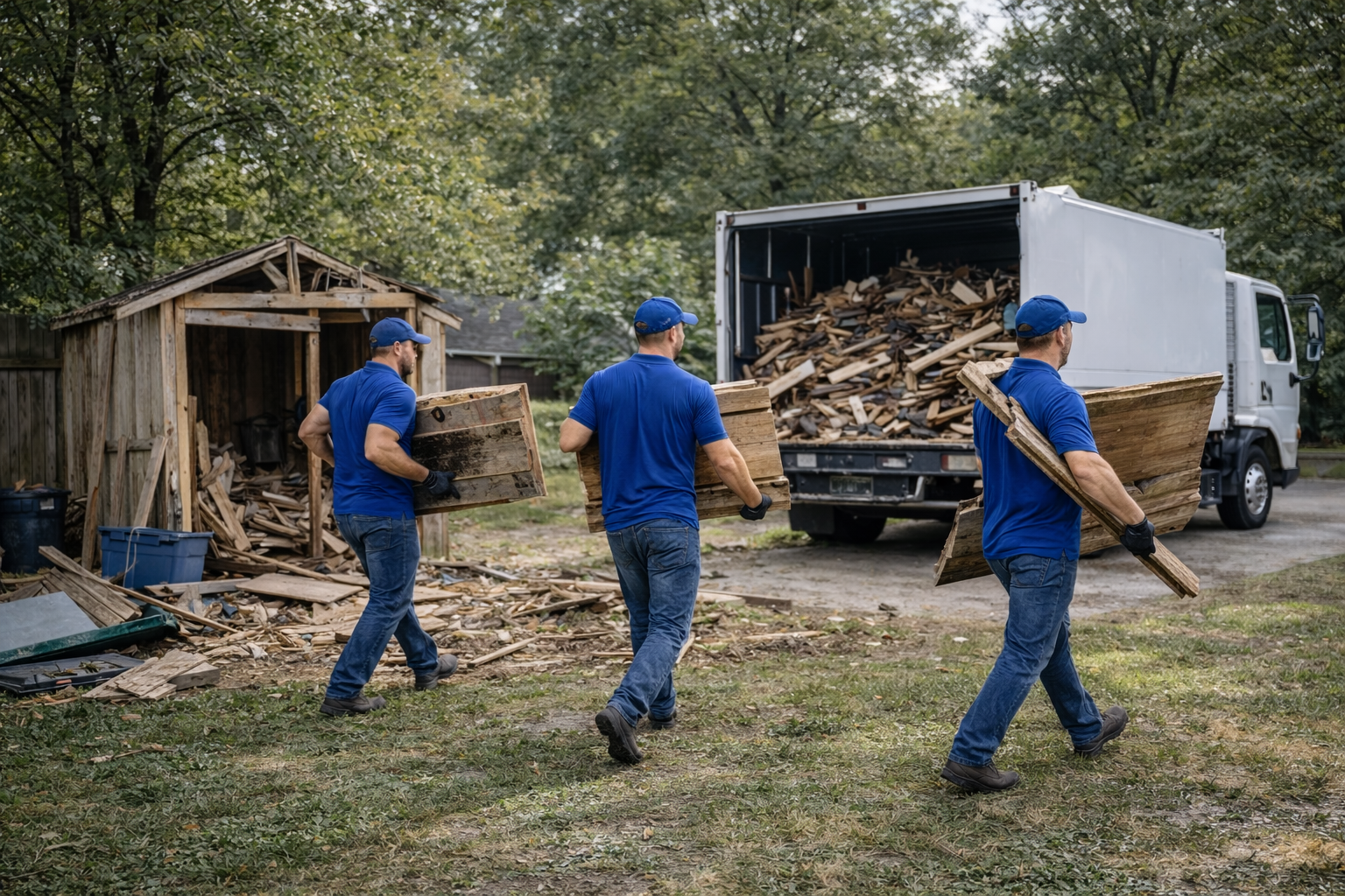 ClearWay Service Group team hauling shed debris to truck in Indianapolis