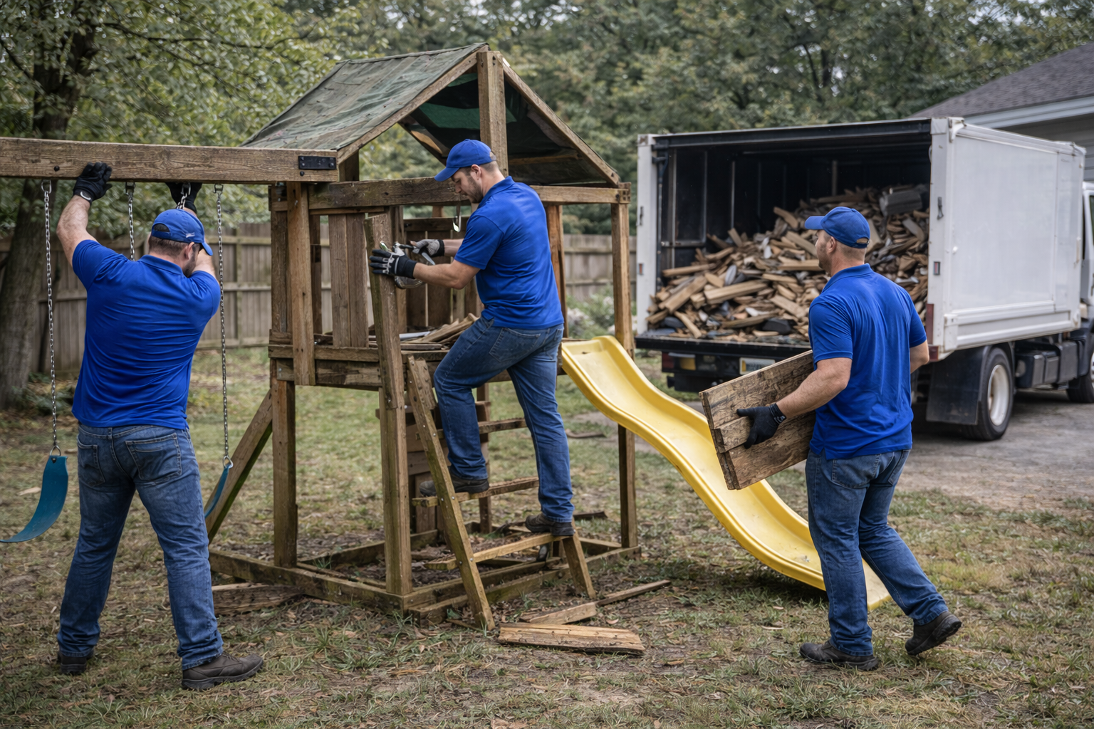 Junk removal crew taking apart backyard playset during removal service in Indianapolis