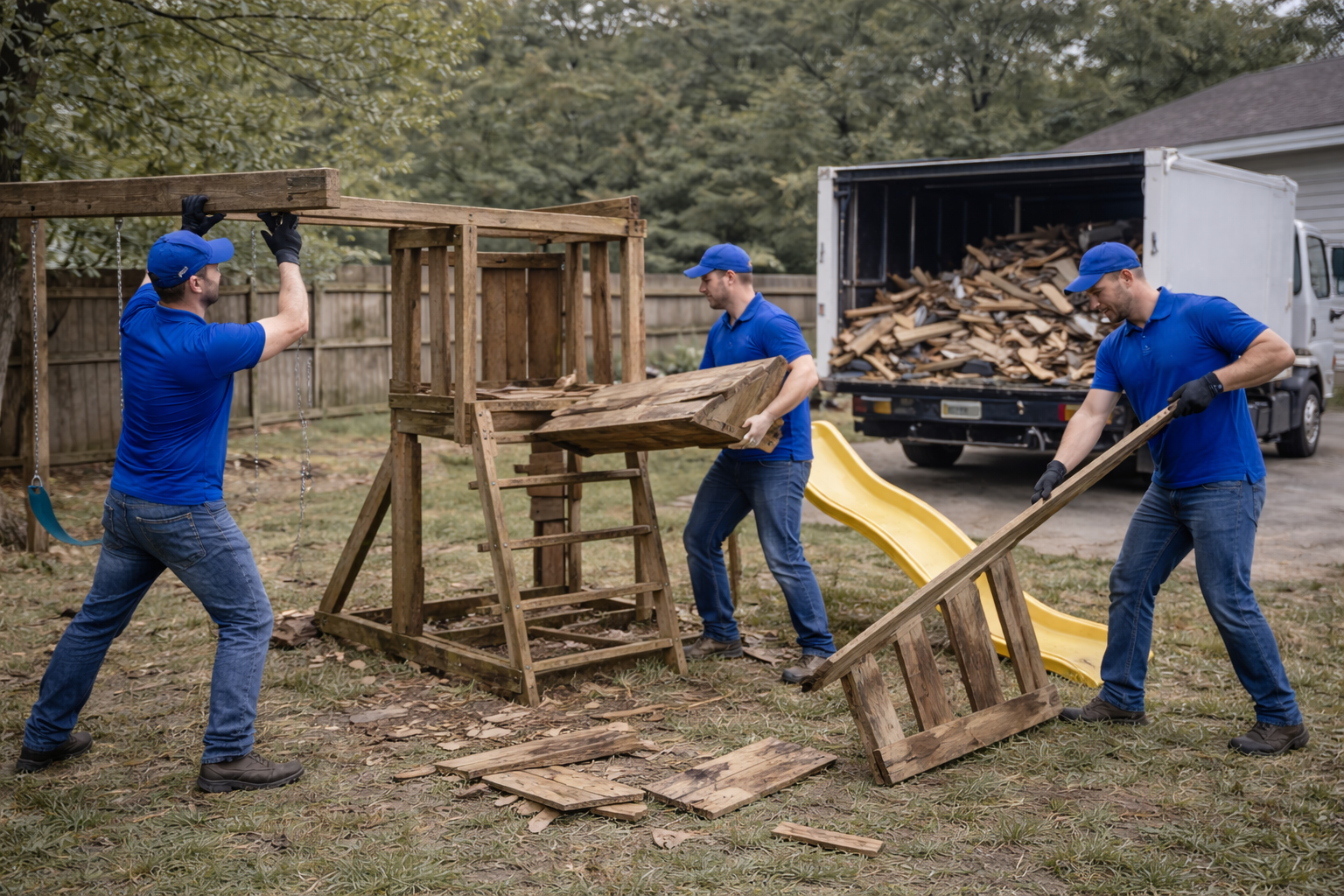 Crew dismantling large wooden playset and loading debris for removal in Indianapolis