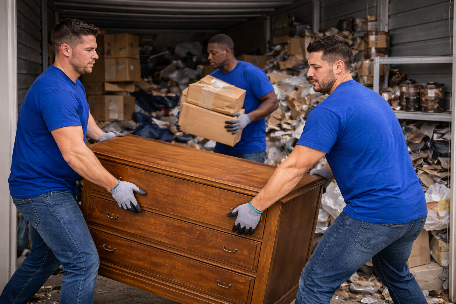 Junk removal crew removing heavy furniture from storage unit in Indianapolis Junk removal crew removing heavy furniture from storage unit in Indianapolis
