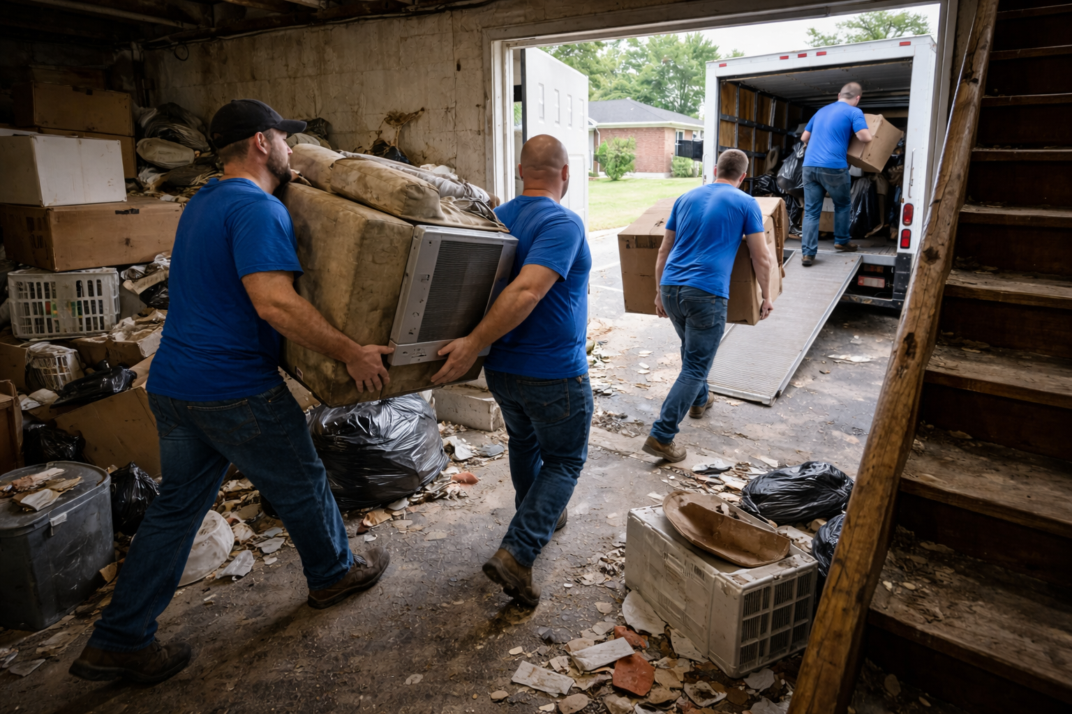 Junk removal crew clearing debris and household items from basement in Indianapolis Junk removal crew clearing debris and household items from basement in Indianapolis