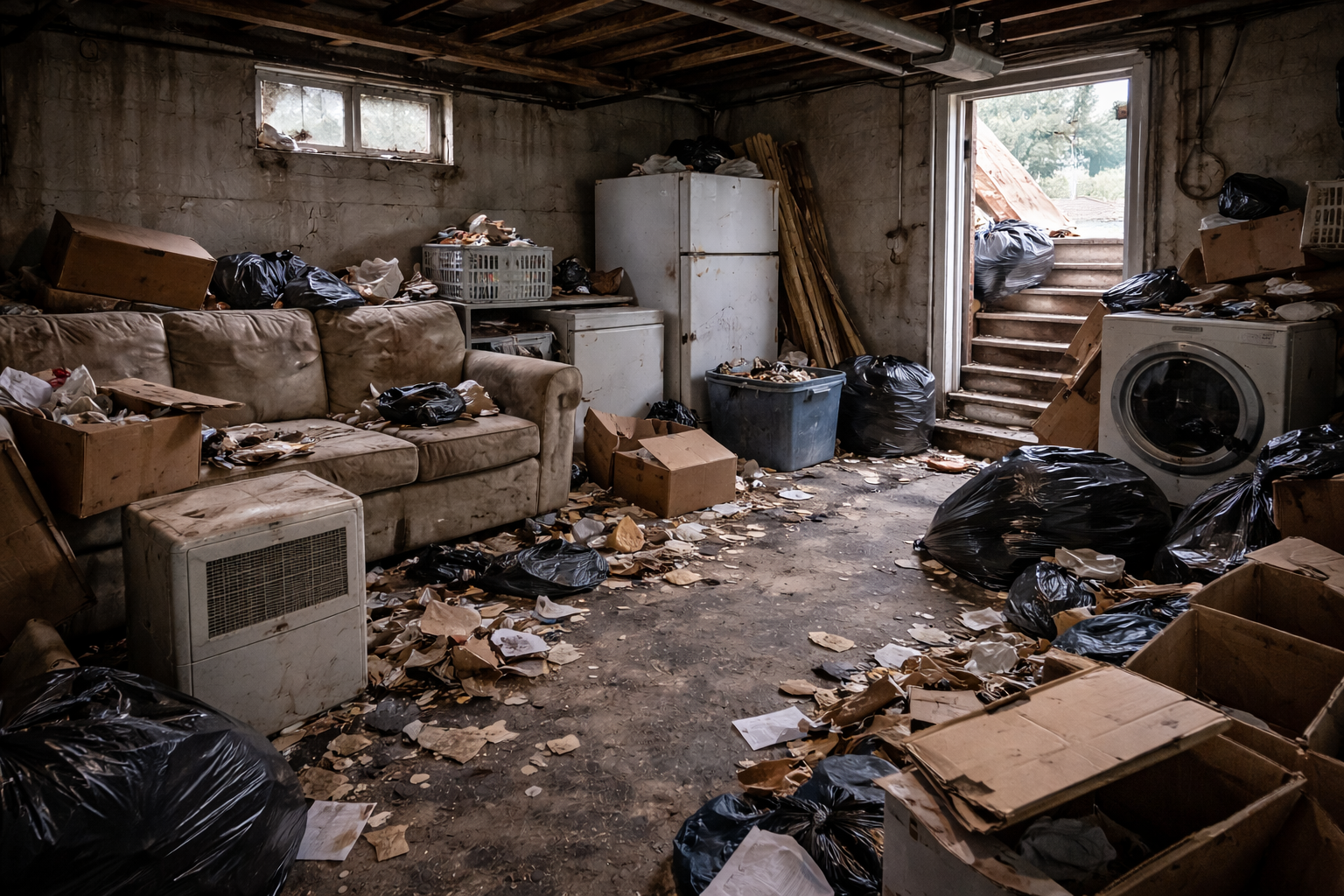 Cluttered residential basement prepared for professional cleanout service in Indianapolis Cluttered residential basement prepared for professional cleanout service in Indianapolis