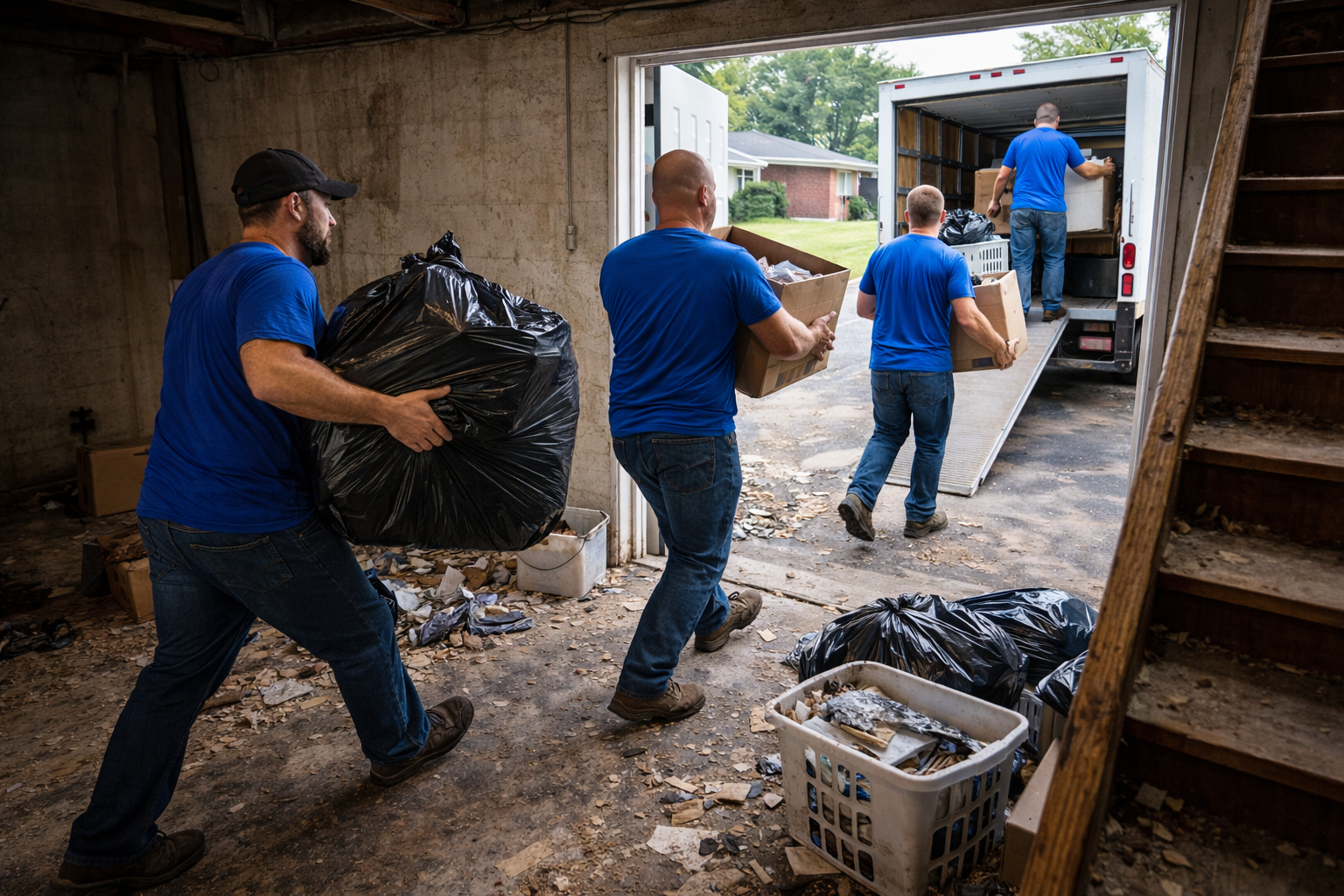 ClearWay Service Group team hauling basement debris to truck in Indianapolis ClearWay Service Group team hauling basement debris to truck in Indianapolis