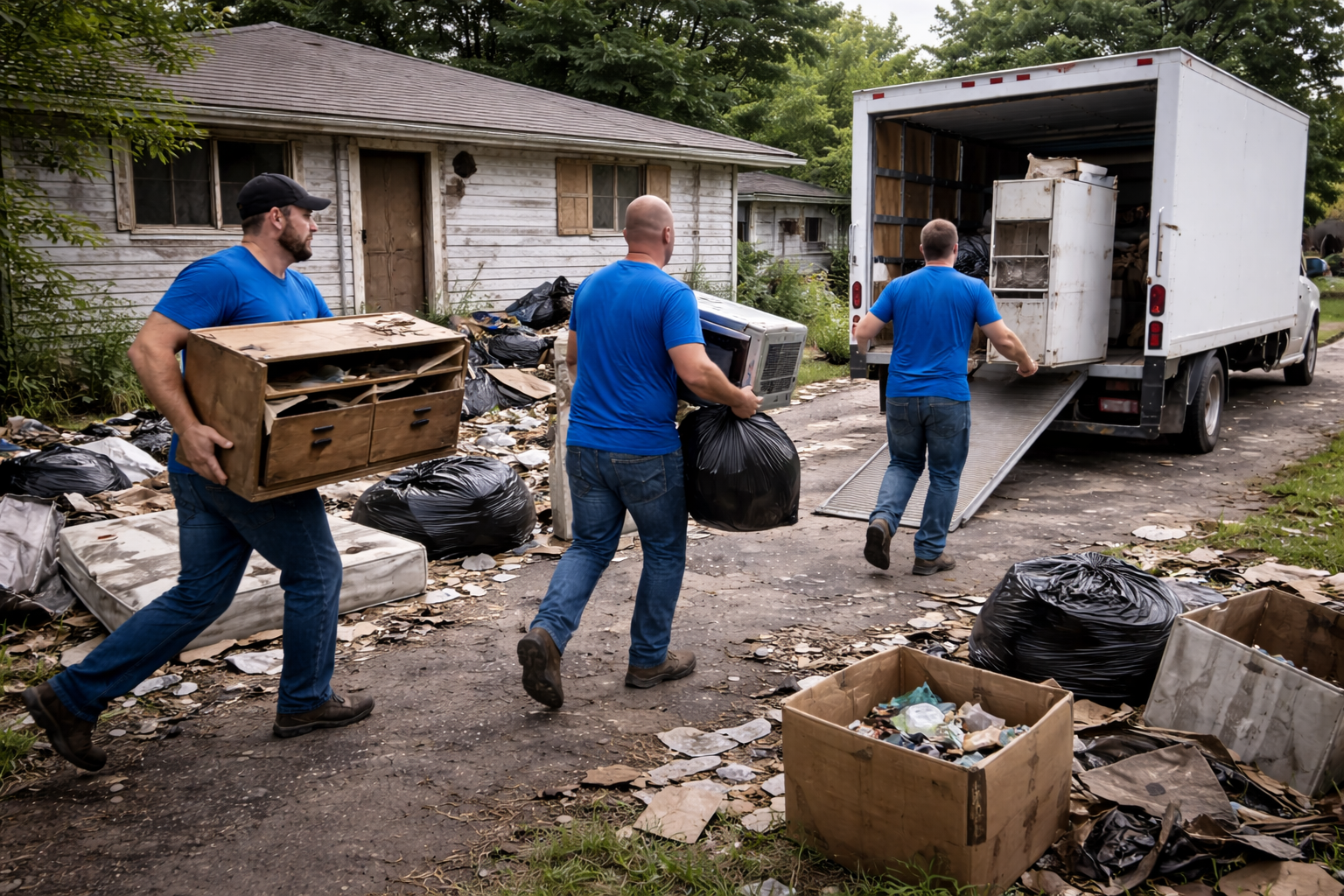 Junk removal crew hauling debris and furniture during foreclosure cleanout in Indianapolis