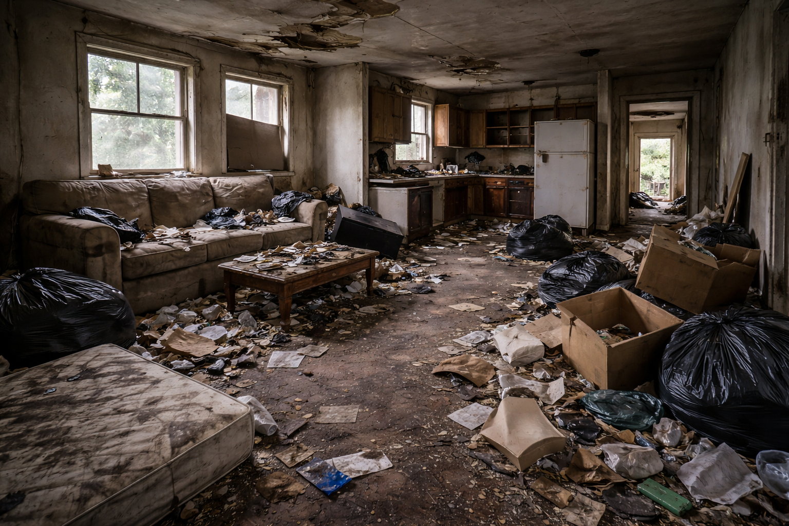 Cluttered interior of foreclosed property ready for cleanout service in Indianapolis