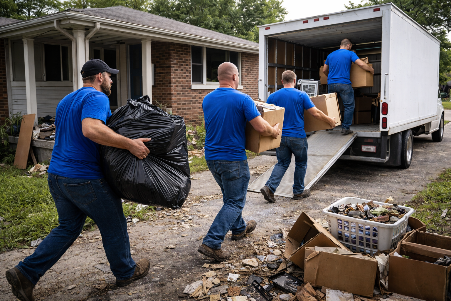 ClearWay Service Group team loading debris into truck during foreclosure cleanout in Indianapolis