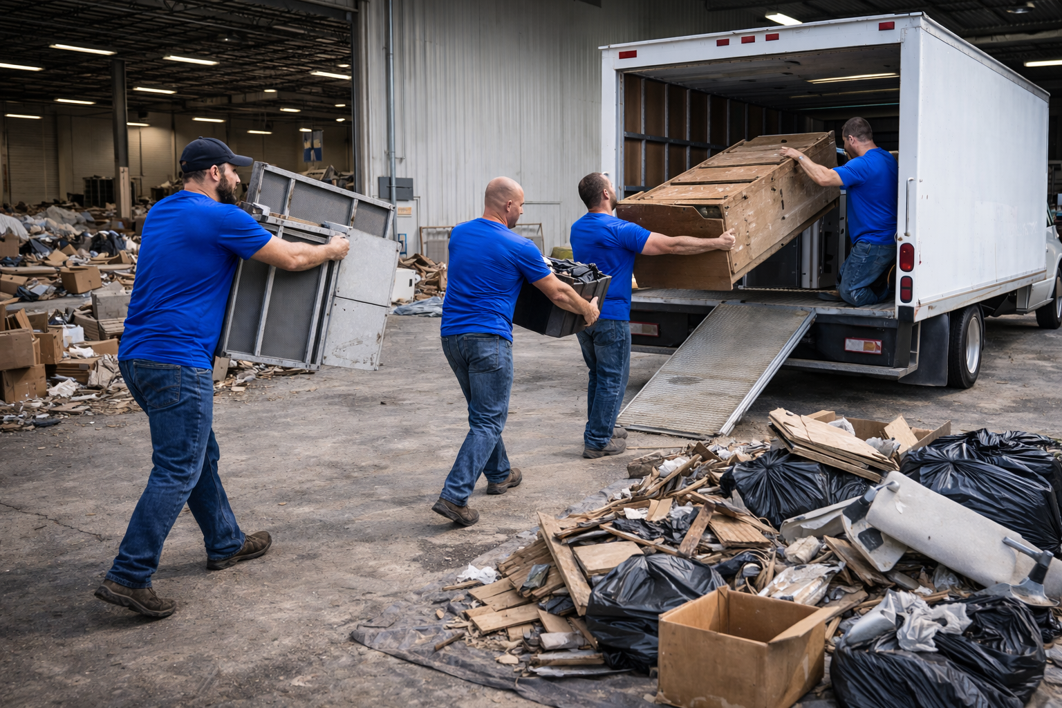Commercial junk removal team loading business furniture and debris in Indianapolis Commercial junk removal team loading business furniture and debris in Indianapolis