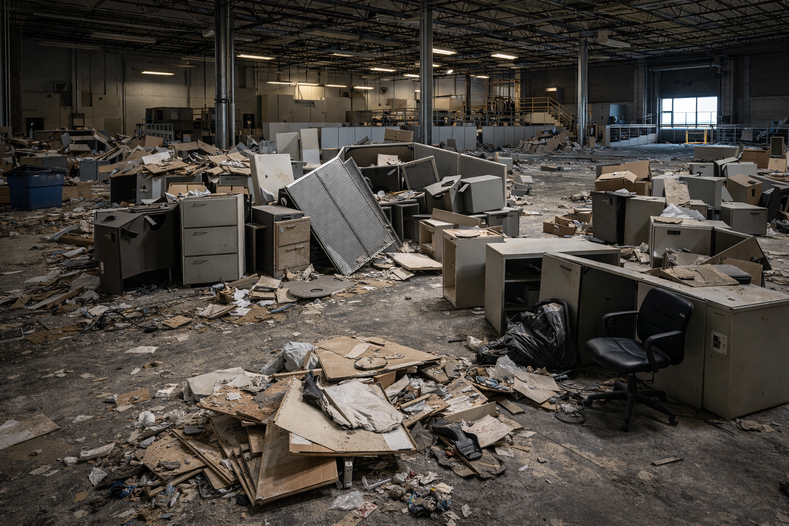 Cluttered warehouse interior prepared for commercial junk removal service in Indianapolis Cluttered warehouse interior prepared for commercial junk removal service in Indianapolis