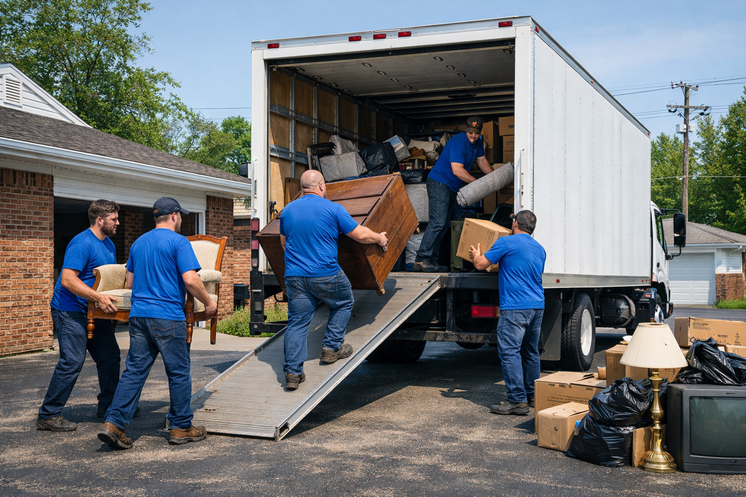 Junk removal crew loading furniture and household items during estate cleanout in Indianapolis Junk removal crew loading furniture and household items during estate cleanout in Indianapolis