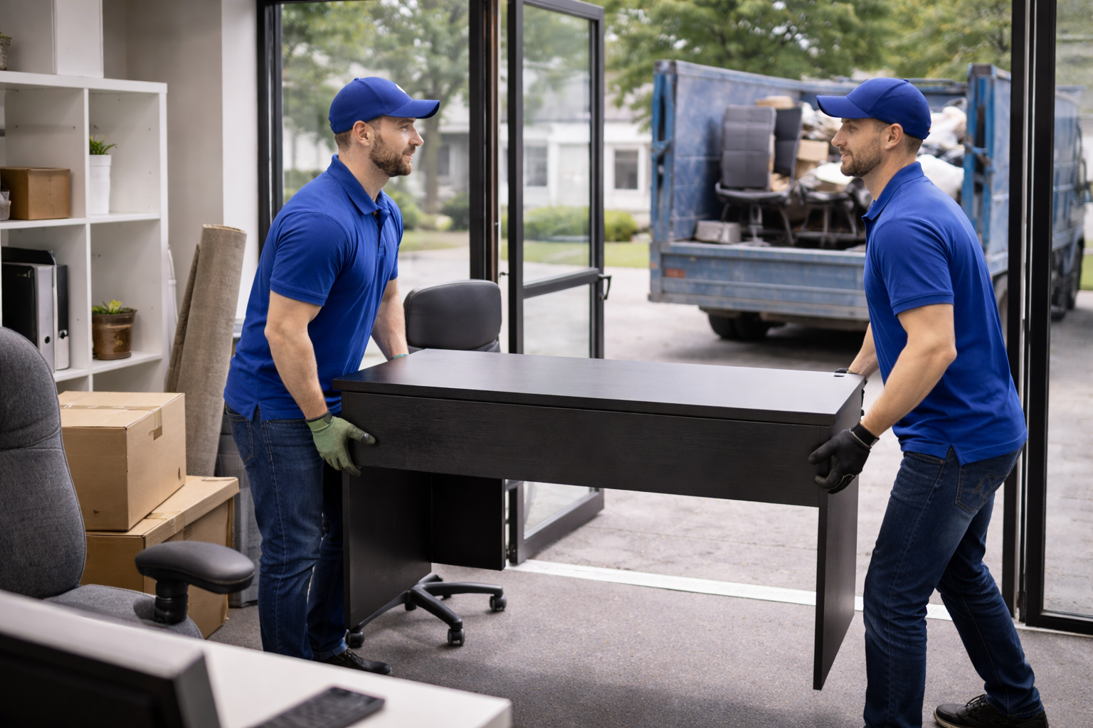 Junk removal crew carrying office desk during residential cleanup in Indianapolis Junk removal crew carrying office desk during residential cleanup in Indianapolis